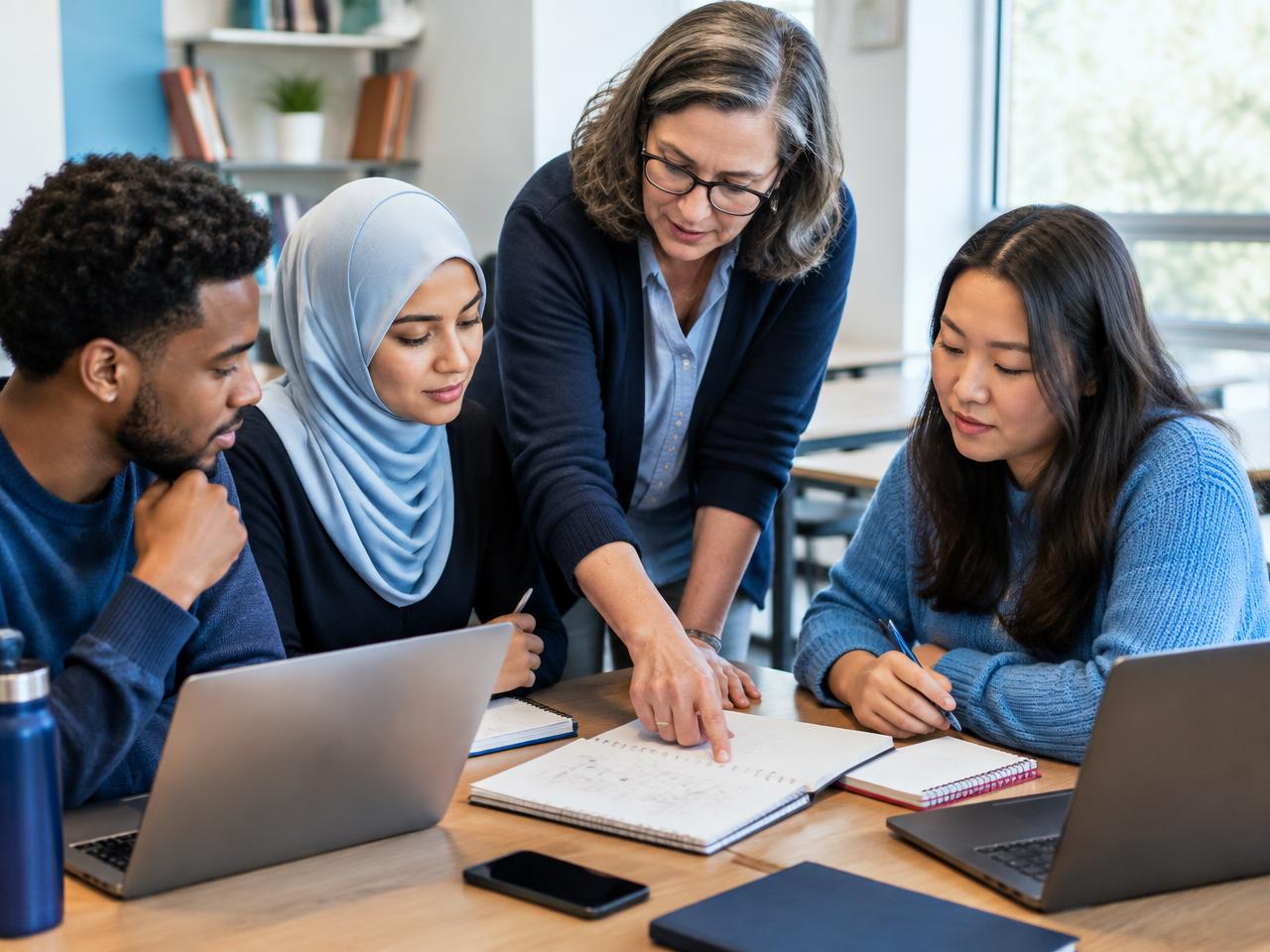 An instructor points to notes while a small group of adult learners with laptops follow along