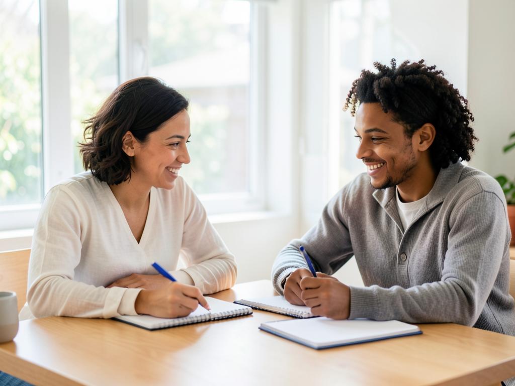 Two adult learners practising communication together with notebooks in a bright study space.