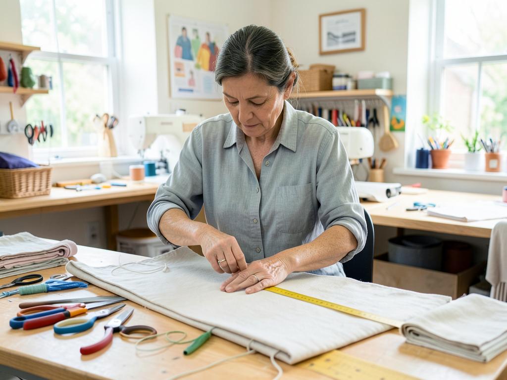 An adult craft learner measuring fabric safely in an organised textile workshop.